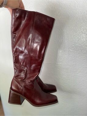 Vince Camuto Burgundy Leather Knee-High Block Heel Boots